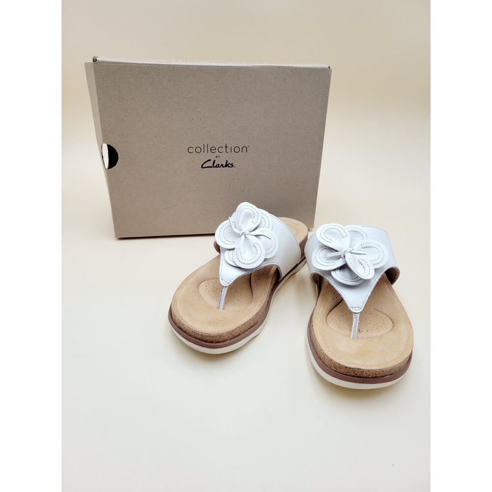 Clarks Women's Brynn Style Sandal Size 5.5 White Leather Thong Slide Flower